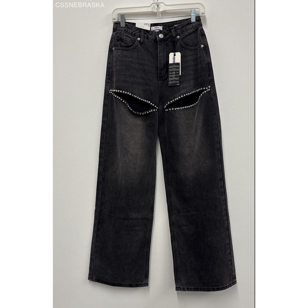 Forever 21 Black‎ black denim flare wide-leg jeans with stud details. - Size 26